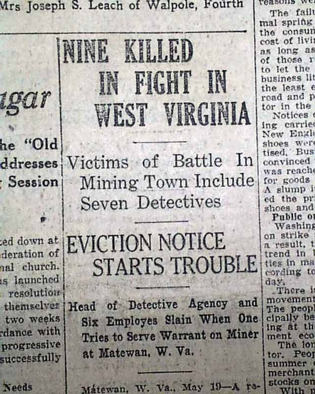 1920 Old Newspaper BATTLE OF MATEWAN Mingo County WV Coal Miners   Sid