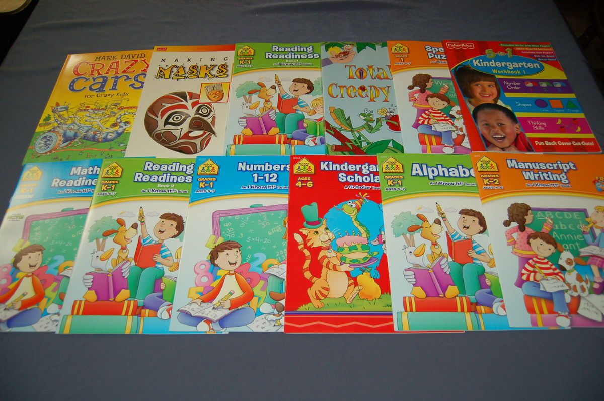 12 new KINDERGARTEN work books MATH READING ALPHEBET SPELLING NUMBERS