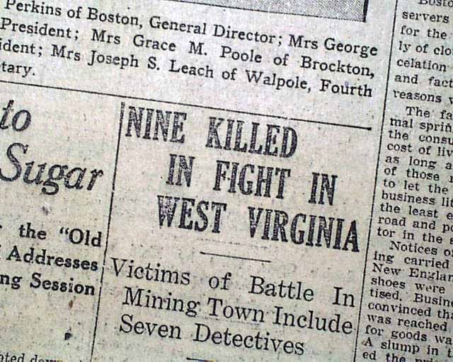 1920 Old Newspaper BATTLE OF MATEWAN Mingo County WV Coal Miners   Sid