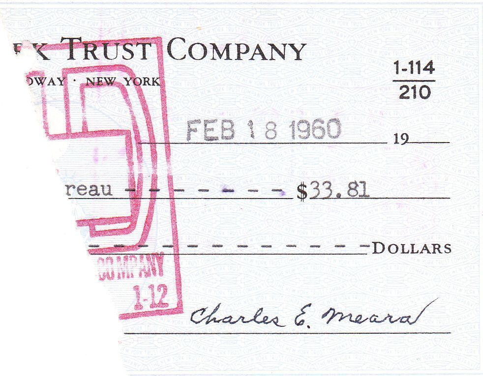 Charles Charlie Meara Member of 1914 New York Yankees Signed Check Cut