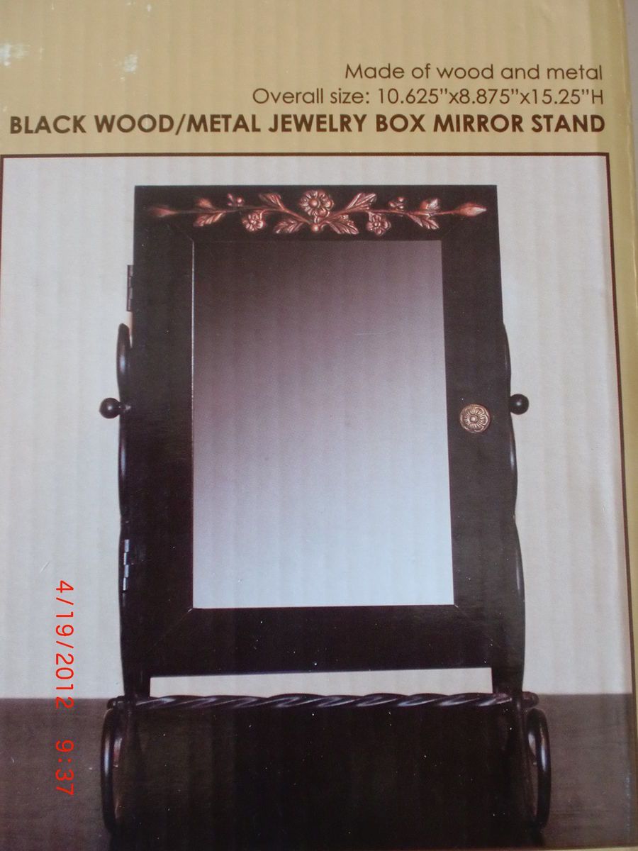 Kirklands Black Wood Metal Jewelry Box Mirror Stand