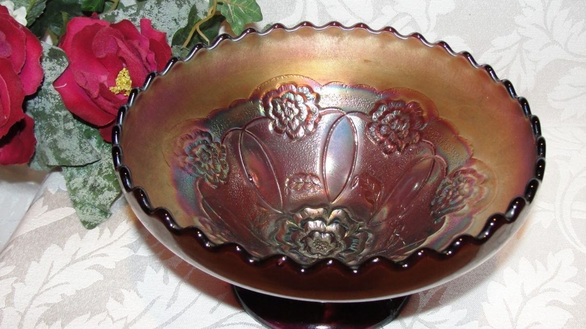 Dugan Amethyst Merigold Double Stem Rose Crnival Glass Bowl