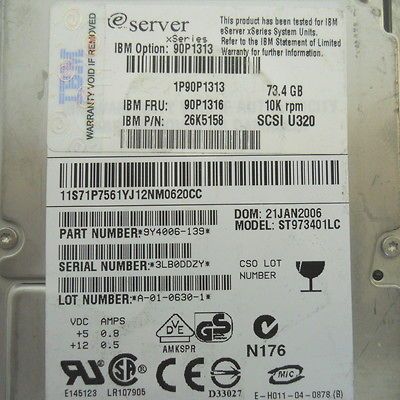 IBM E SERVER xSERIES U320 73GB 10k RPM SCSI 2.5 HARD DRIVE 90P1313