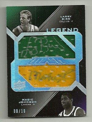 10 MAGIC JOHNSON / LARRY BIRD 08/09 UD BLACK DUAL AUTOGRAPH JERSEY