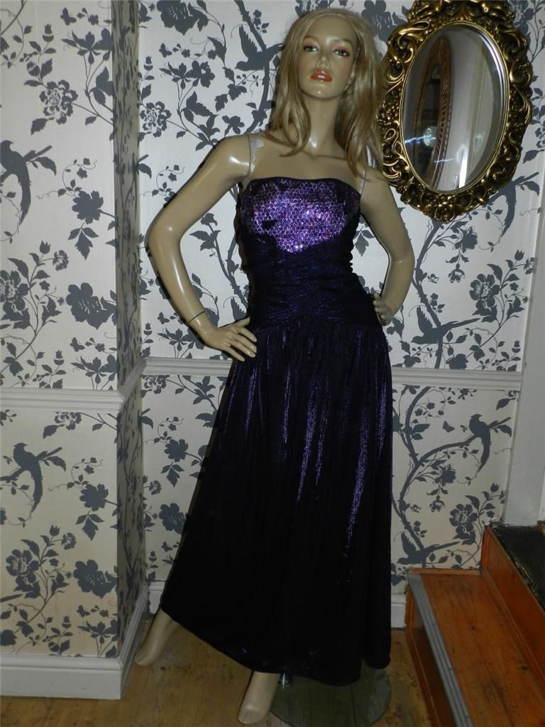 VTG 80s PURPLE SEQUIN TRIM STRAPLESS PRINCESS PROM PARTY DRESS 14 16