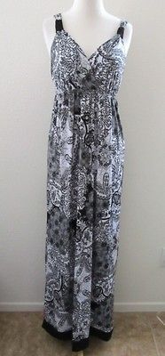 AB Studio Long Maxi Full Length Dress Sz L Black White Lace Print