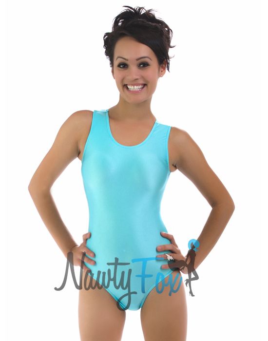 Shiny Spandex Sky Blue Sleeveless Dance Leotard Bodysuit Costume S 2XL