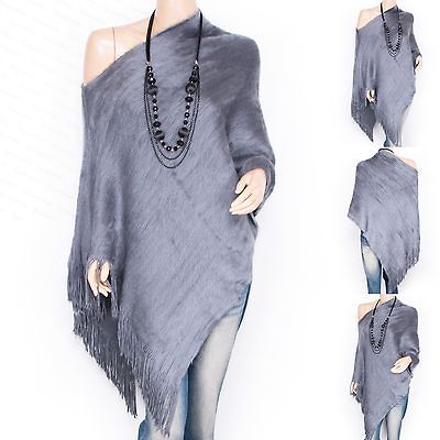 Fabulous Gray Faux Fur One Shoulder Angled Hem Fringes Poncho Top S