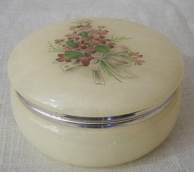 ALABASTER   JEWELRY   DRESSER JAR   FLORAL DECORATED LID