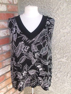 ALFRED DUNNER Black White Floral Butterflies Travel Knit Shirt Top Sz