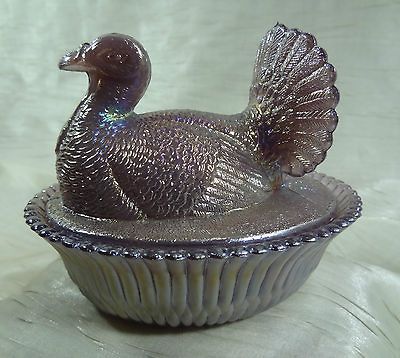 Boyd 5 Turkey on Ribbed Nest Grape Parfait Carnival Glass Chicken