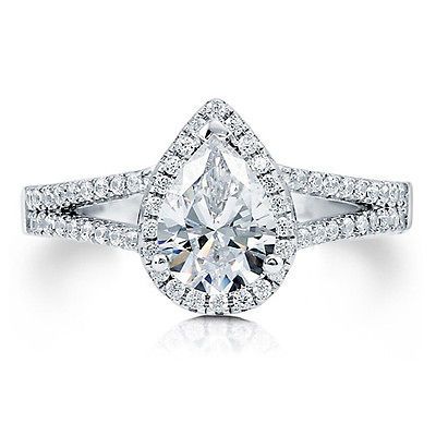 PEAR CUBIC ZIRCONIA CZ 925 STERLING SILVER HALO RING WITH SPLIT SHANK