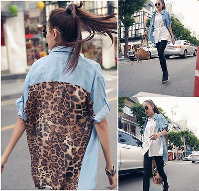 Retro Vintage Fashion Leopard Women Top S Button Shirt Blouse Denim