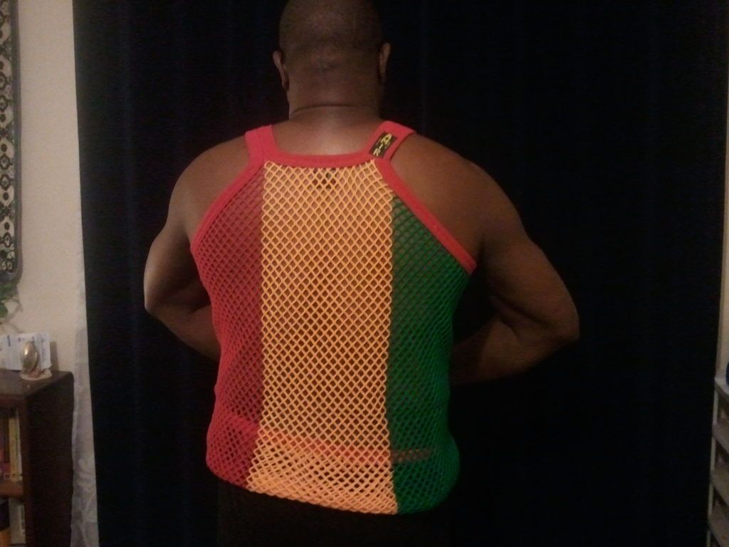 MENS MESH STRING LONG VEST MEDIUM LARGE XL RASTA JAMAICAN STRIPE