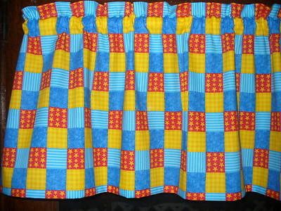 SALE Valance Yellow Blue Red Americana Stripe Star checked cotton