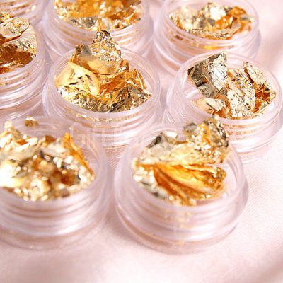 NEW 12 X Gold Foil Paillette Chip Nail Art Tips Decoration Gel Case