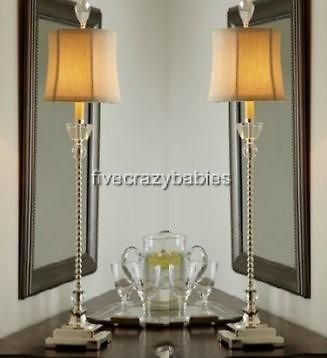 Slim SILVER CRYSTAL Buffet Table Lamp PAIR Set Antique Traditional