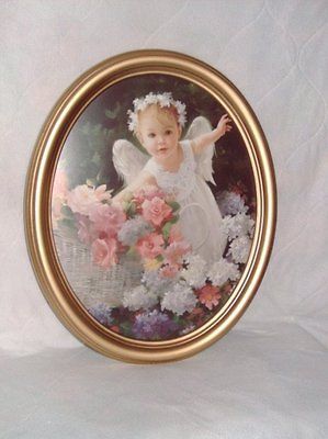 Angel Baby with Basket of Flowers in Large Oval, Golden Frame 15