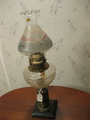 ANTIQUE SHIP IN BOTTLE CHIMNEY KEROSENE BRASS IRON LAMP