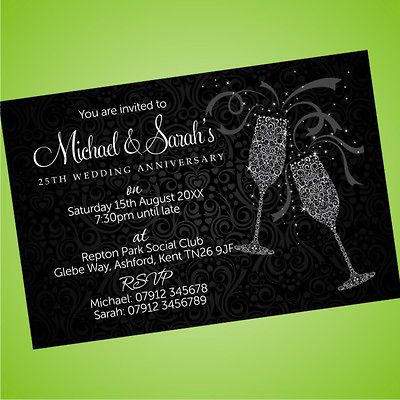 25th Silver Personalised Wedding Anniversary Invitations Invites