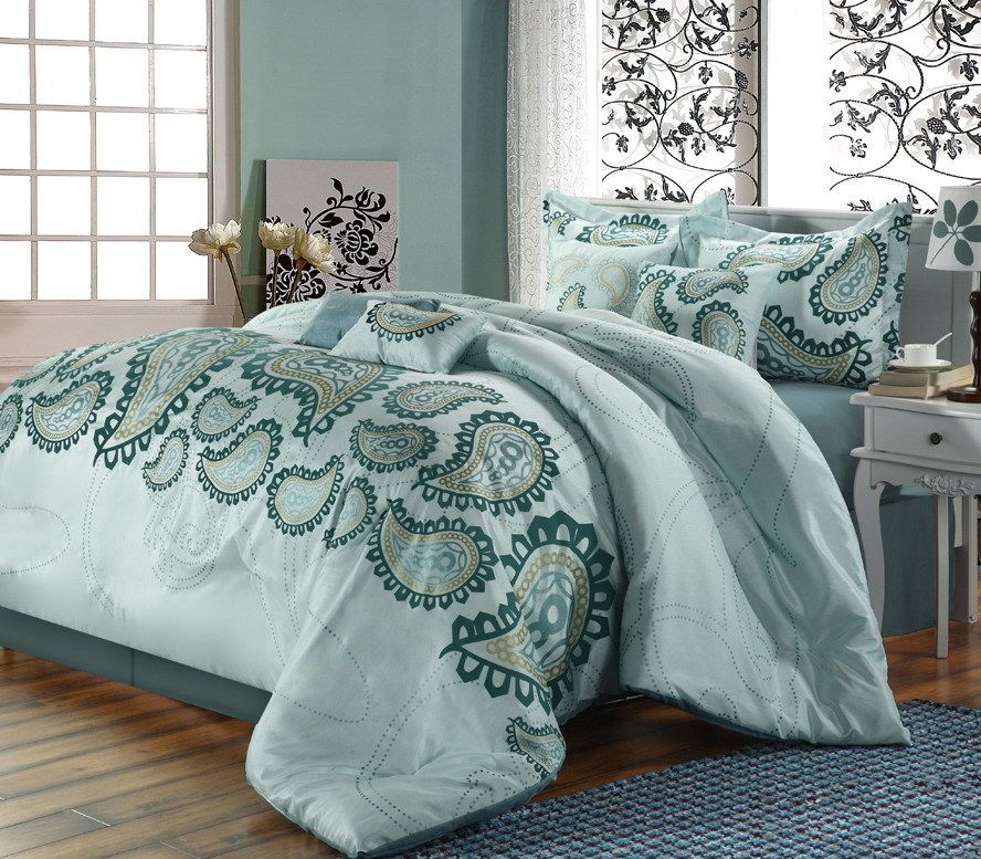 Taj Paisley Aqua, Gold Queen 8 Piece Comforter Bed In A Bag Set NEW