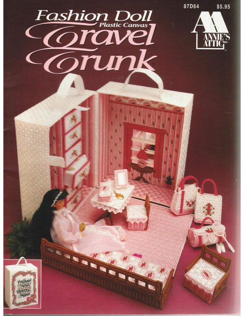 ANNIES ATTIC PLASTIC CANVAS OOP 87D64 FASHION DOLL TRAVEL TRUNK BARBIE