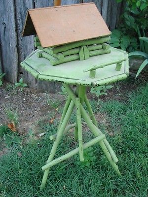 VINTAGE OLD GREEN TWIG LOG CABIN SMOKING STAND TABLE