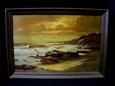 1960 Lithograph Print Seaside Beach Ocean Water at Sunset w Waves