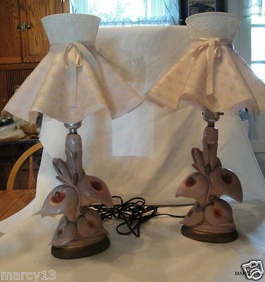 VTG PAIR CHALKWARE PINK CALLA LILY BOUDOIR LAMPS W PLASTIC SHADES