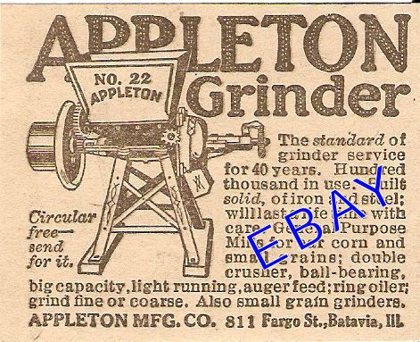 1917 APPLETON NO. 22 FEED GRINDER AD MILL BATAVIA IL