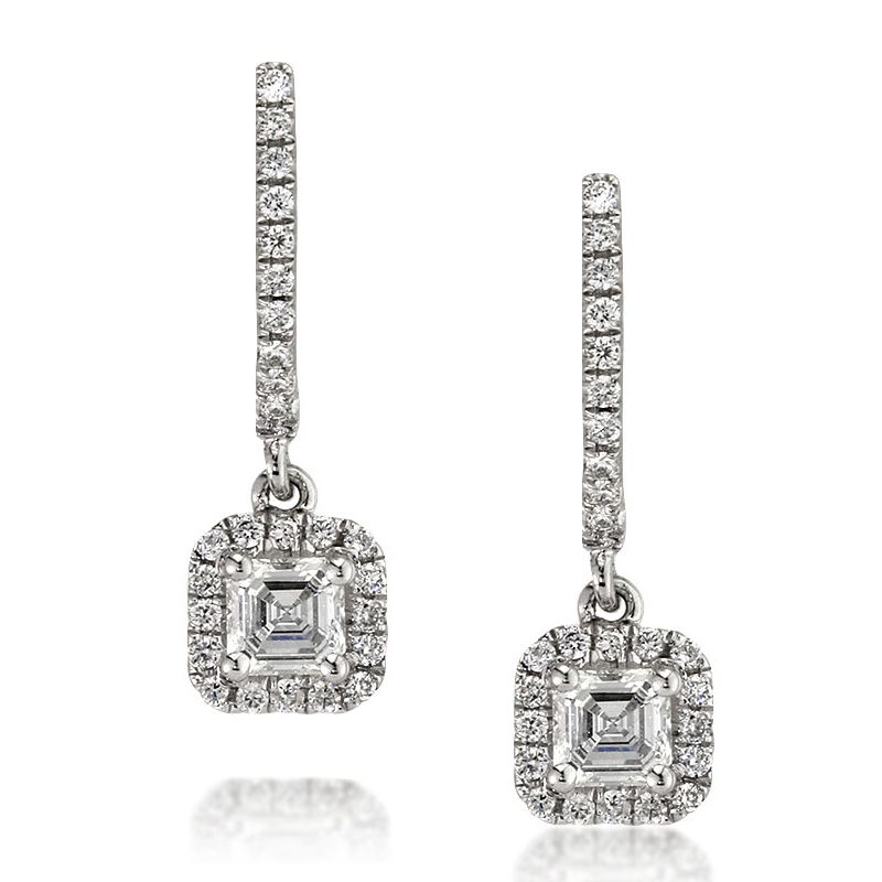 90ct Asscher Cut Diamond Dangle 18k White Gold Earrings