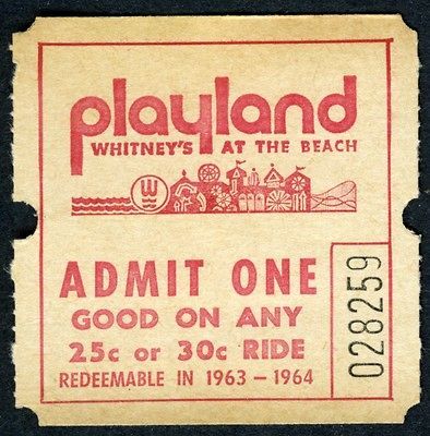 PLAYLAND AT TH E BEACH AMUSEMENT PARK~OLD 1963 64 ORIGINAL TICKET