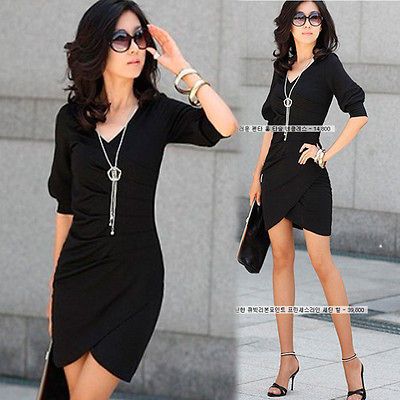 neck Half Sleeves Slim Mini Dress Solids Asymmetric Hemline 4755