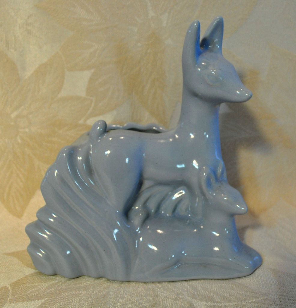 Vintage 1940s Niloak Pottery blue deer with fawn planter; Arkansas