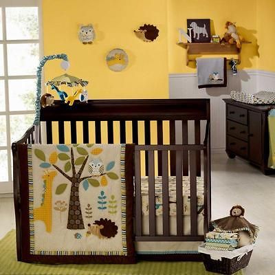 Striped Leaf Tree w/ Giraffe and Owl Neutral Baby Crib Bedding Set