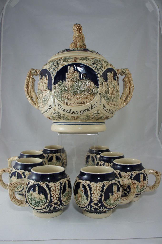 VINTAGE GERMAN BEER STEIN PUNCH BOWL 8 MUGS SET OF 10 BACCHUS LID