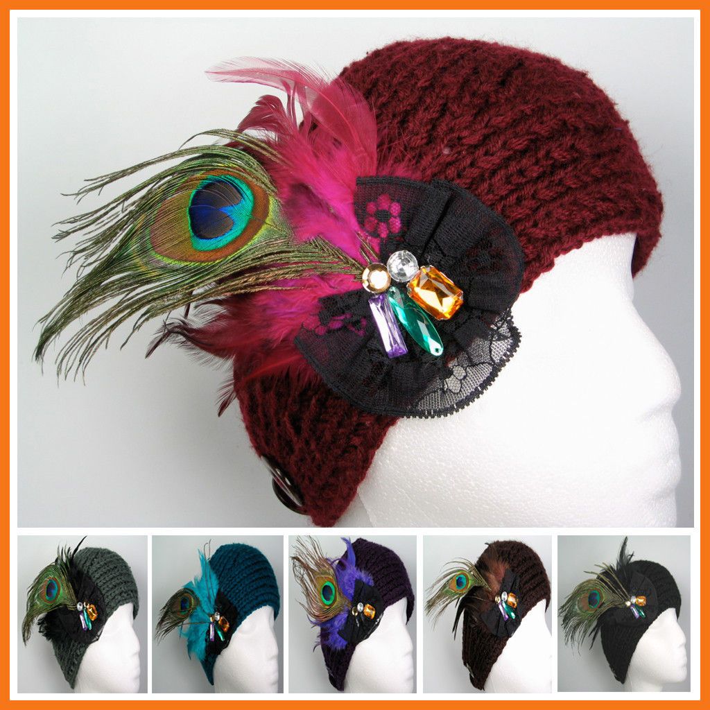 Handmade Headwraps Real Feathers Rhine Stud Adjustable Headband Ski