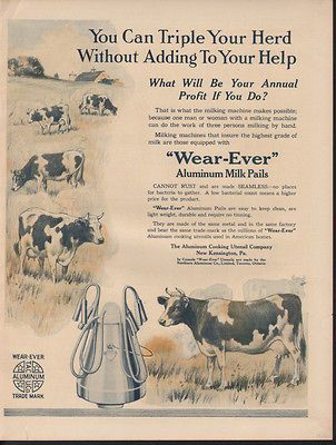 1920 ALUMINUM COOKING UTENSIL WEAR EVER MILK PAILS COW FARM BARN