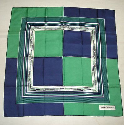 70s 80s designer pierre balmain blue green SILK TWILL SCARF HR