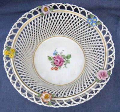 Schierholz Dresden Woven Porcelain Basket w/ Applied Flowers Germany