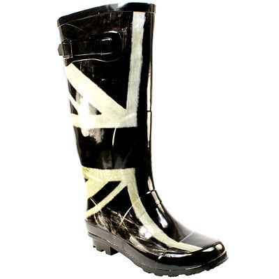 WOMENS BLACK UNION JACK WELLINGTON LADIES RUBBER WINTER SNOW RAIN