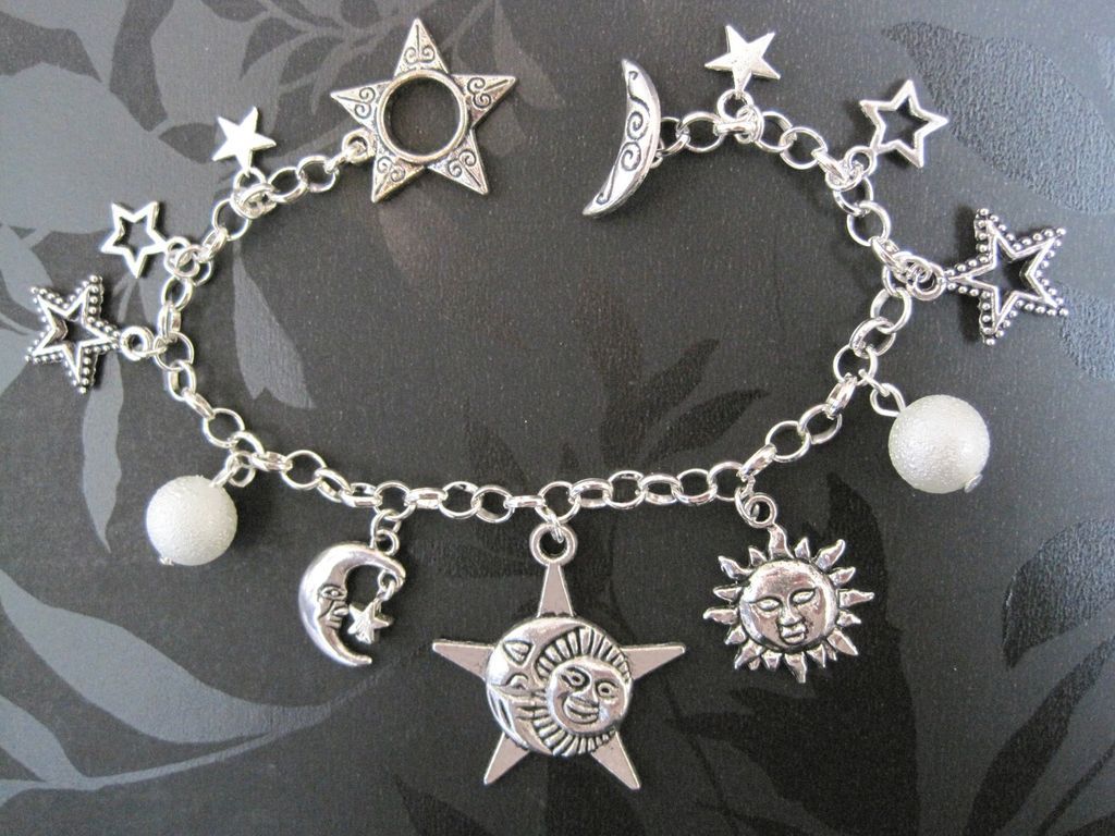 CELESTIAL SUN MOON STARS CHARM BRACELET* SP Pearl Beaded GIFT BAG New