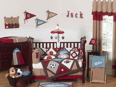 CHEAP RED BLUE BROWN SPORTS THEME DESIGNER BOYS CRIB BABY BEDDING