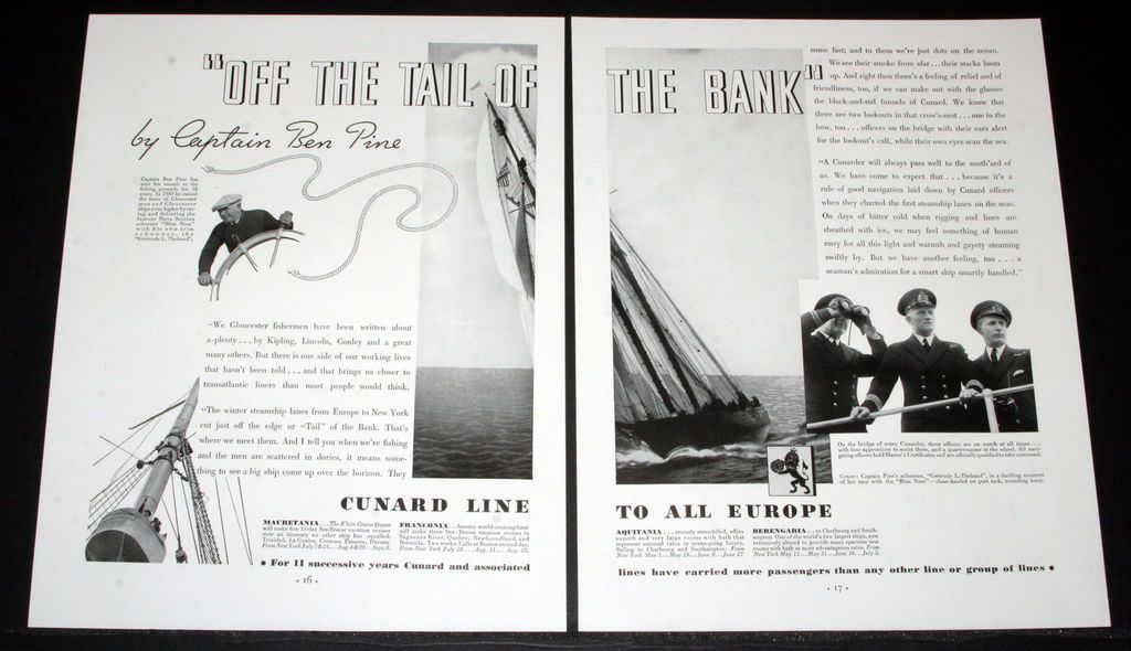 MAGAZINE PRINT AD, CUNARD LINE CAPTAIN BEN PINE, GLOUCESTER FISHERMEN