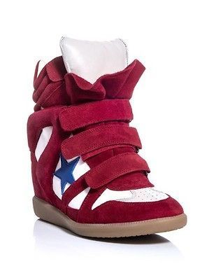 NIB ISABEL MARANT Red Bayley star suede/leather wedge sneakers Sz 39
