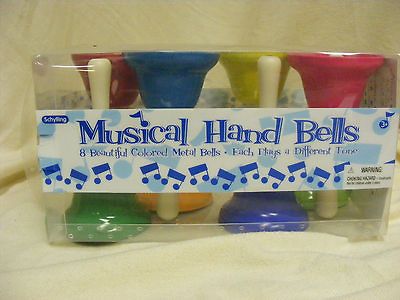 NIB Musical Hand Bells Set Of 8 Colored Metal Bells With 8 Notes And