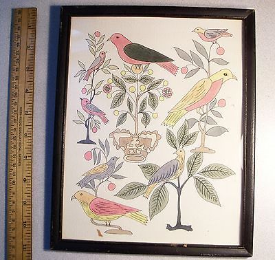 1969 Folk Art Fraktur Drawn & Painted Hilda Borcherding Birds Berries