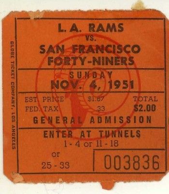 1951 NFL CHAMPIONS LOS ANGELES RAMS vs S. F. 49ERS STUB