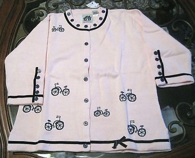 Knits SUMMER RIDE Pink Cardigan Sweater w/ Bicycles   Large   NWT