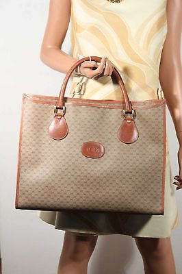 GUCCI Italian VINTAGE Tan GG MONOGRAMS Canvas LARGE TOTE Handbag CARRY